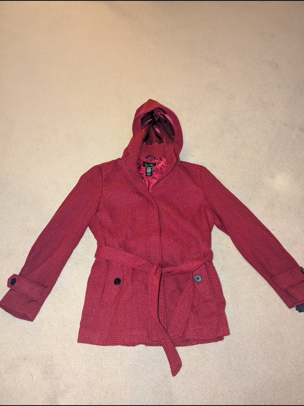 Nwot Nicole Miller Women's Red Hooded Belted Coat Sz XL